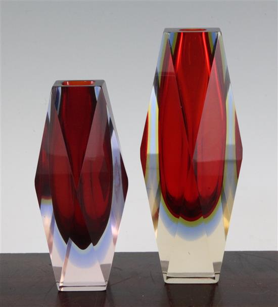 Two Murano three colour Sommerso faceted glass vases, possibly Mandruzzato, 1960s-70s, 16.5cm - 20.5cm, one with label Bonora & C.